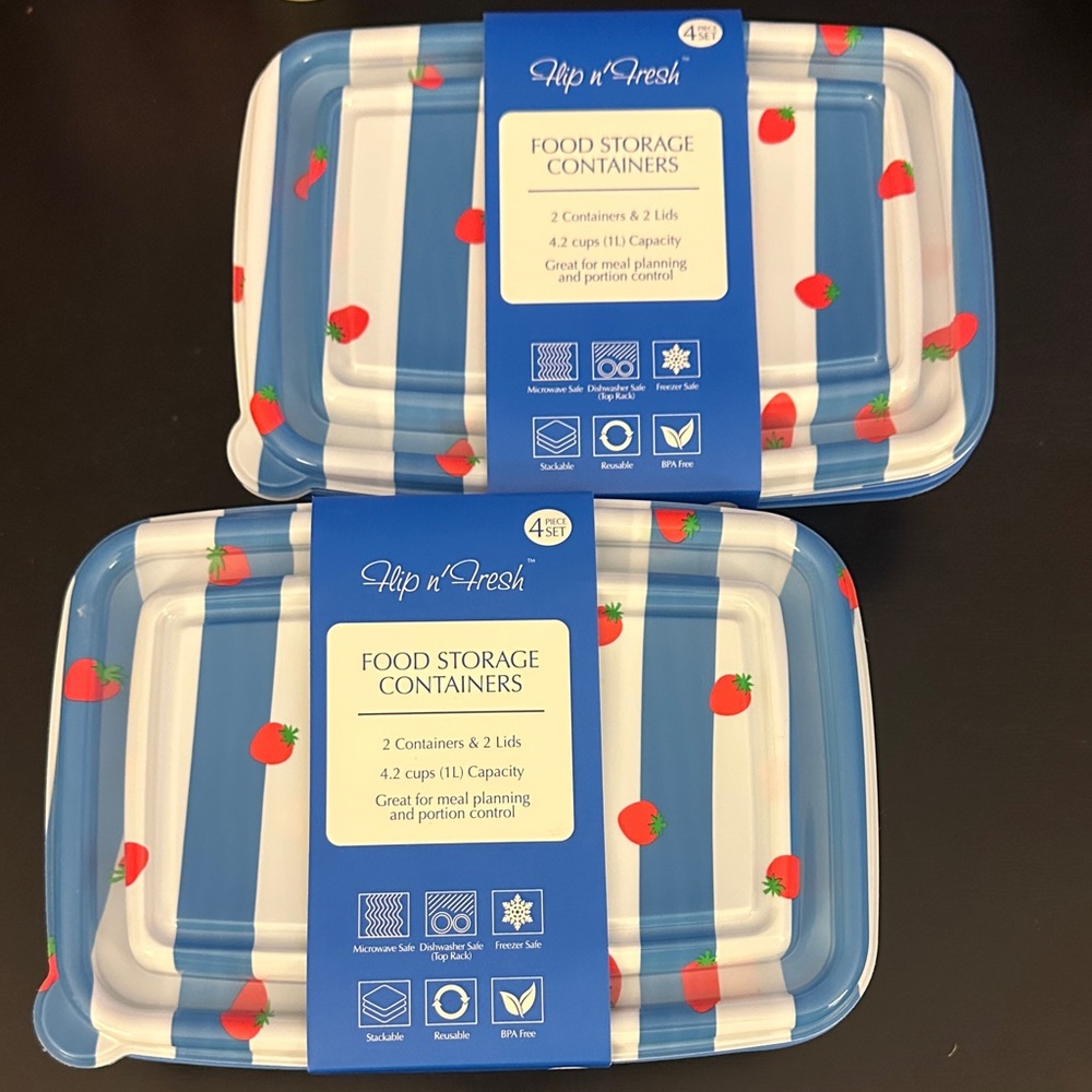 2 Flip n' Fresh Blue & White Striped Food Storage Containers Strawberry Print
